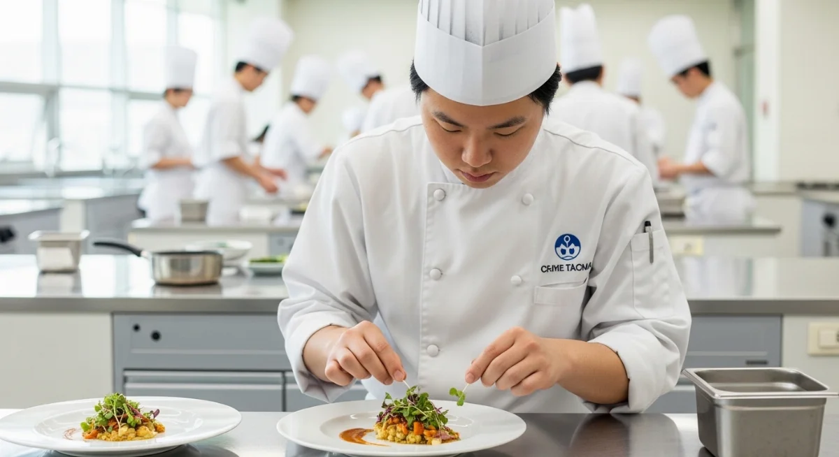 Sinh viên du học Hàn ngành nấu ăn đang thực hành chế biến món ăn truyền thống tại phòng bếp hiện đại
