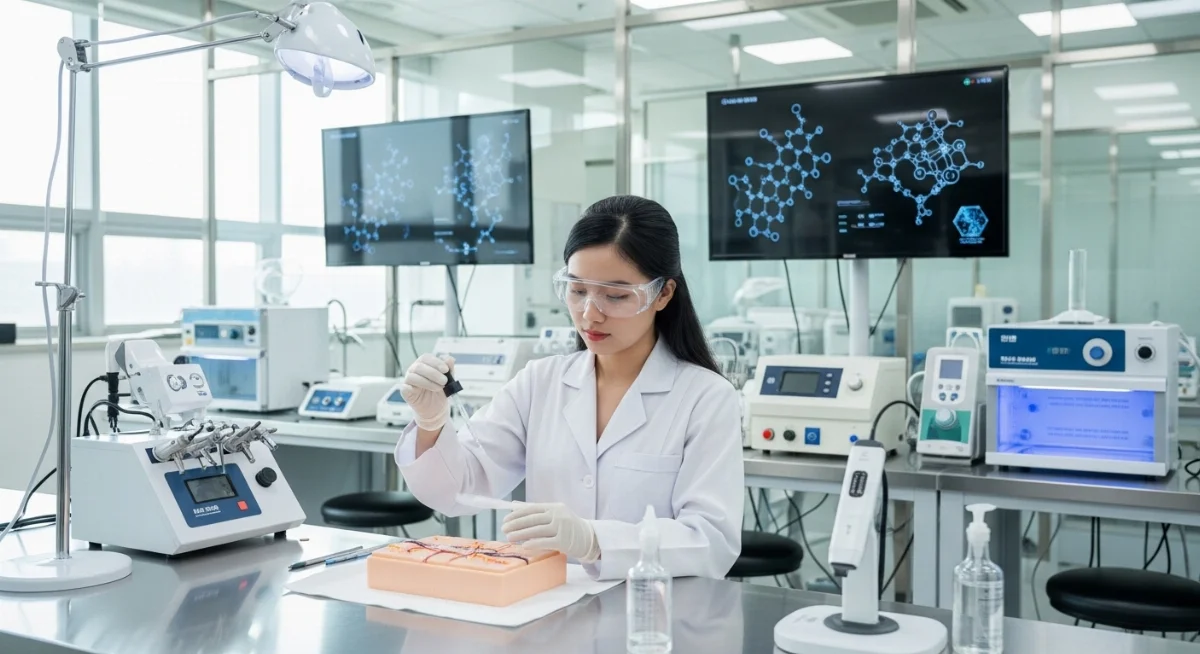Sinh viên đang thực hành kỹ thuật chăm sóc da tại phòng lab hiện đại Hàn Quốc