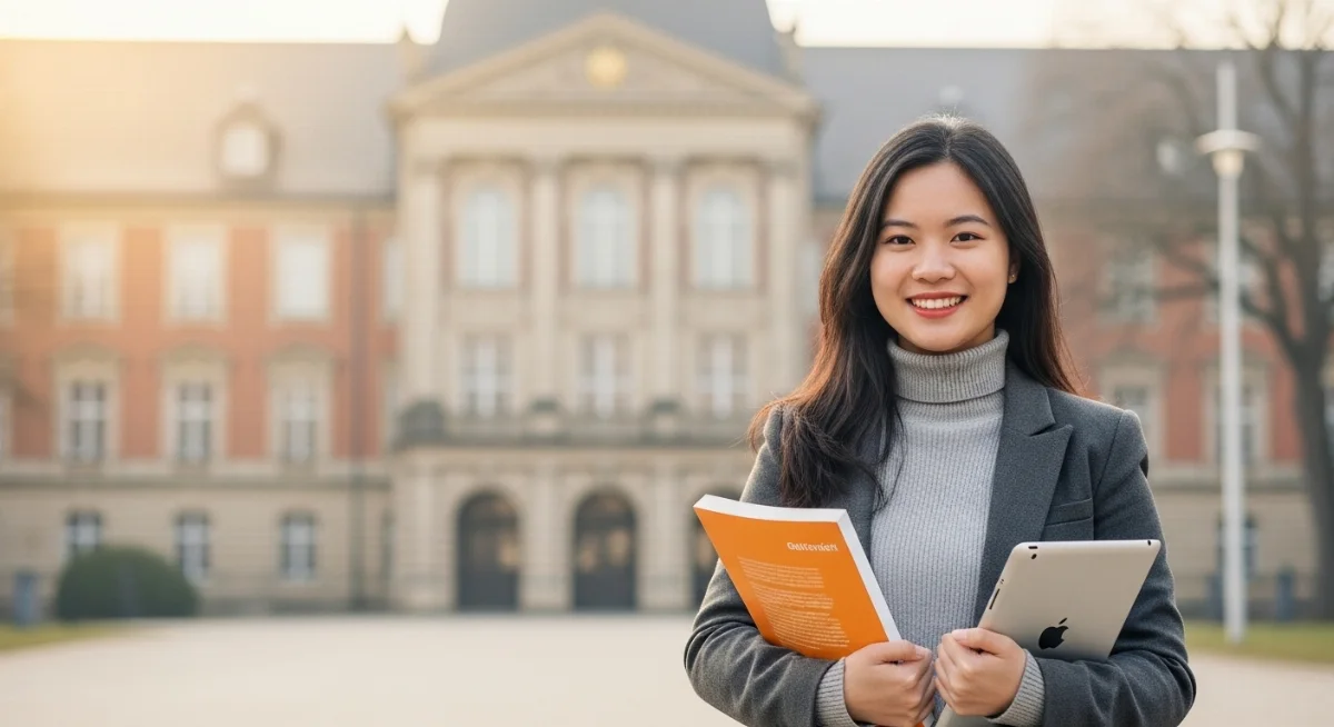 Nhóm du học sinh Việt Nam đang thảo luận nhóm tích cực tại thư viện đại học Đức để vượt qua rào cản du học Đức