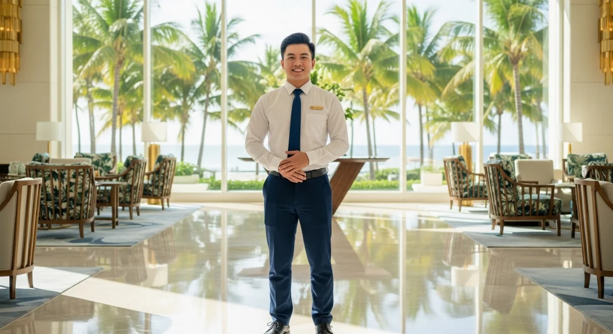 Bạn Minh chụp ảnh lưu niệm trước khách sạn 5 sao tại Miami trong chương trình case study thực tập sinh Mỹ