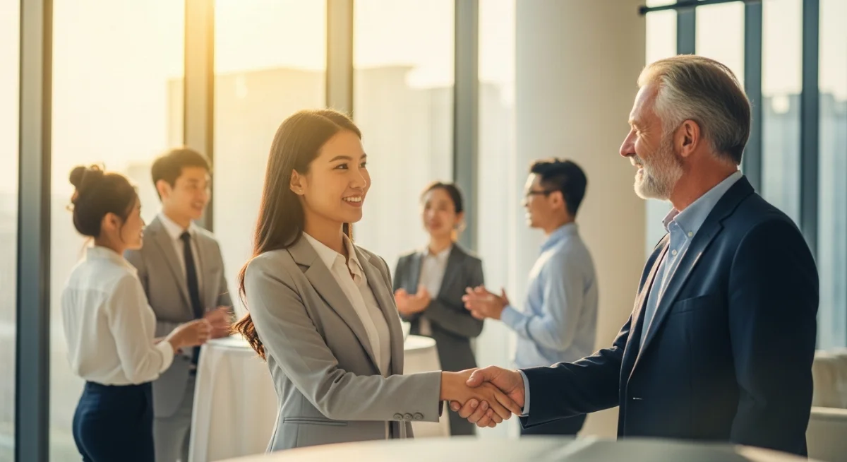 Sinh viên tham gia hoạt động networking thực tập sinh Mỹ tại văn phòng chuyên nghiệp hiện đại