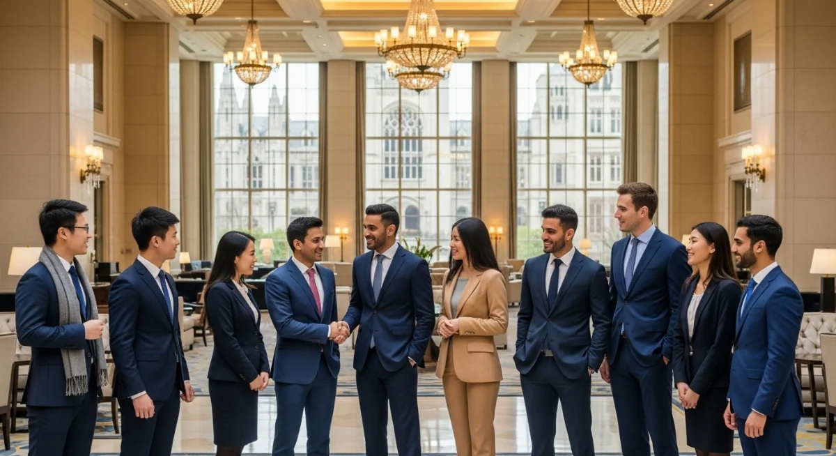 Sinh viên tham gia chương trình thực tập khách sạn 5 sao Mỹ tại sảnh khách sạn sang trọng