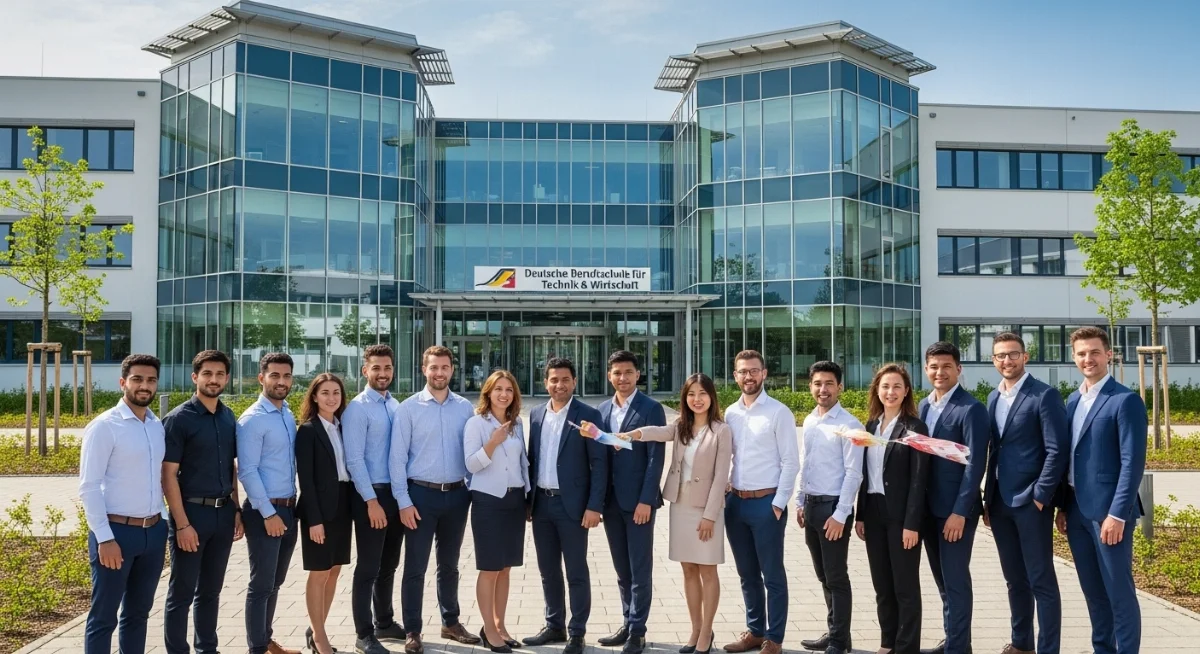 Du học sinh Việt Nam đang học tập và thực hành tại một xưởng cơ khí hiện đại ở Đức