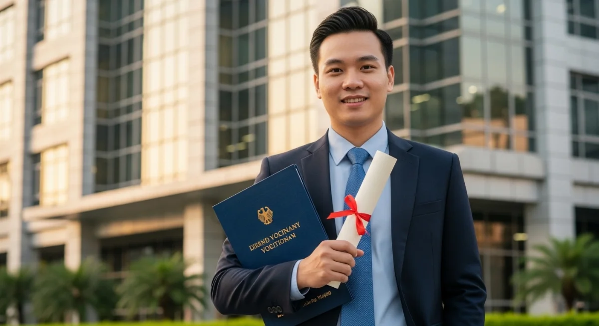 Du học sinh Việt Nam cầm bằng nghề Đức tốt nghiệp chuyên nghiệp đầy tự hào