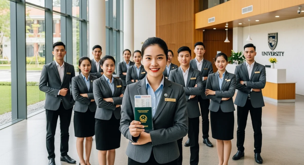 Thực tập sinh Việt Nam đang làm việc chuyên nghiệp tại bộ phận tiền sảnh khách sạn 5 sao Mỹ