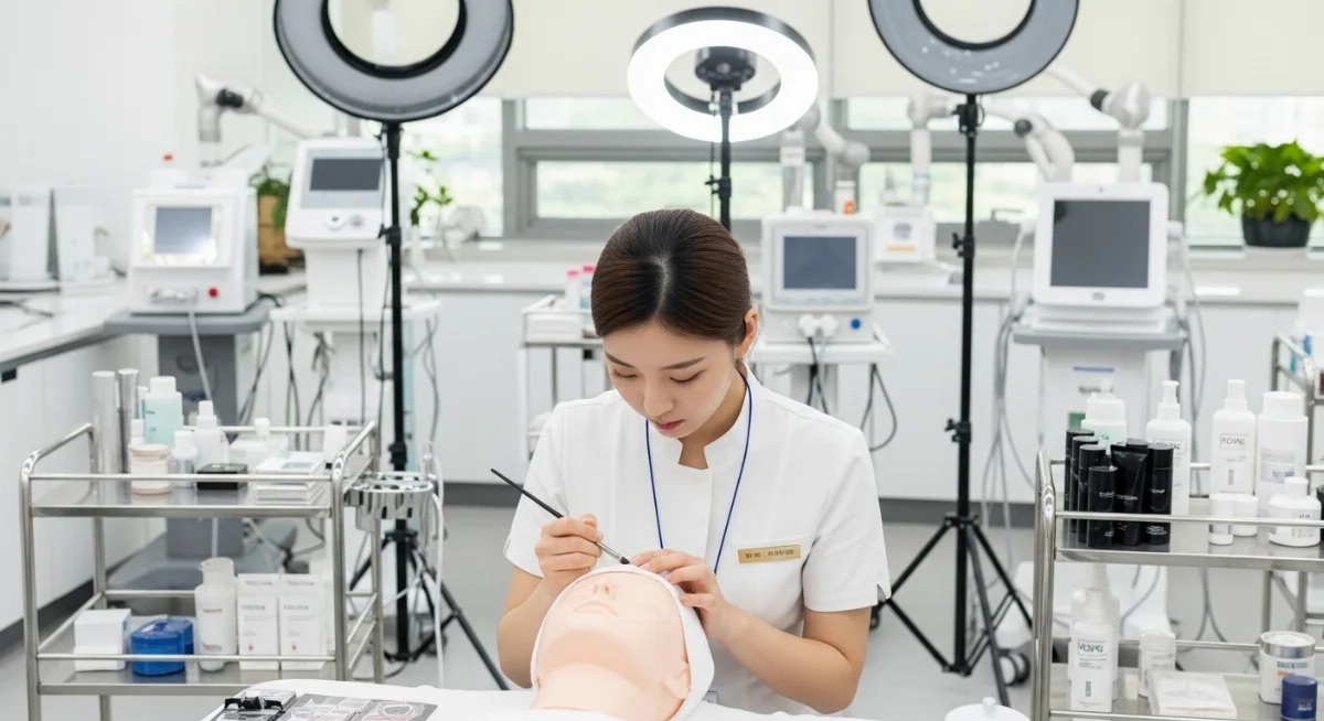 Review du học nghề Hàn làm đẹp với các bạn sinh viên đang thực hành kỹ thuật chăm sóc da chuyên sâu